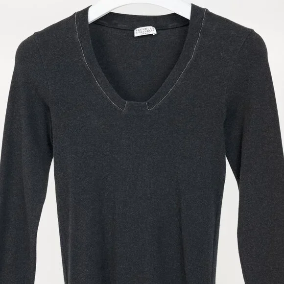 Brunello Cucinelli Grey Cotton-Knit Monili-Bead Pullover - Picture 3 of 10